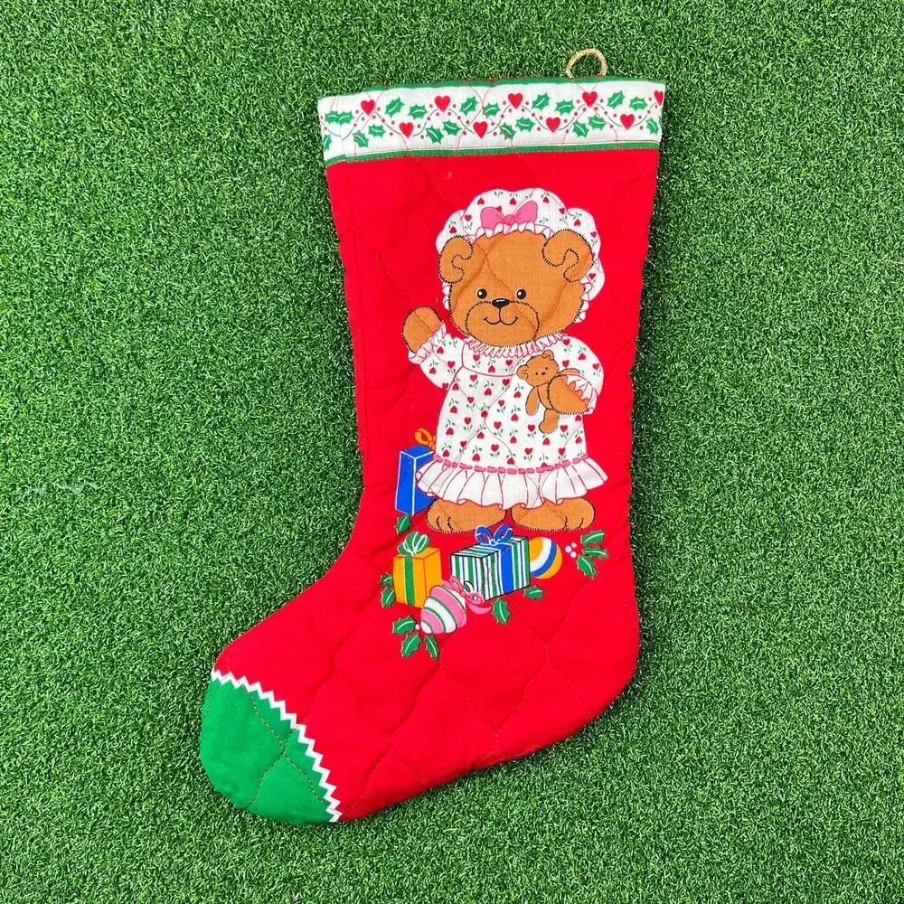 Vintage 1980s Lucy Rigg Handmade Quilted Teddy Bear Christmas Stockings